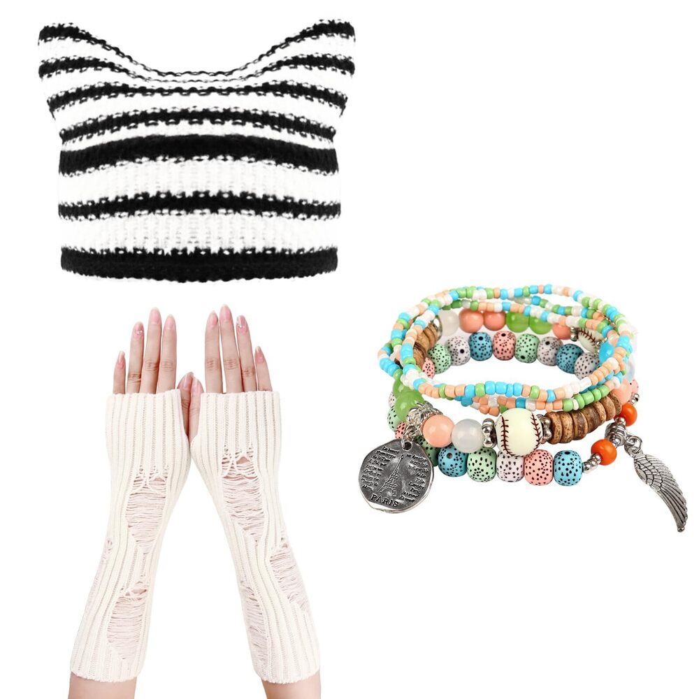 9264 White Fashion Hats, Gloves Fingerless , Stretch Bead Stackable